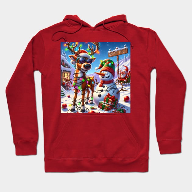 Santa, Rudolph and a Snowman at the North Pole Hoodie by TooplesArt